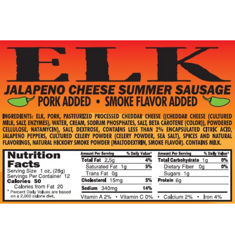 Jalapeno & Cheese Elk Summer Sausage Nutrition Facts